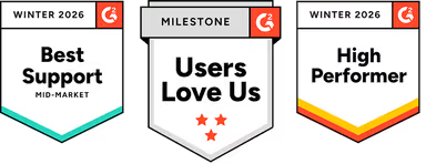 Insignias de G2 de SuperOps: Best Support Mid-Market invierno 2026, Users Love Us y High Performer invierno 2026